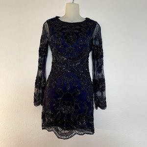Minuet Long Sleeve Beaded Sequin Mini Dress Midnight Blue